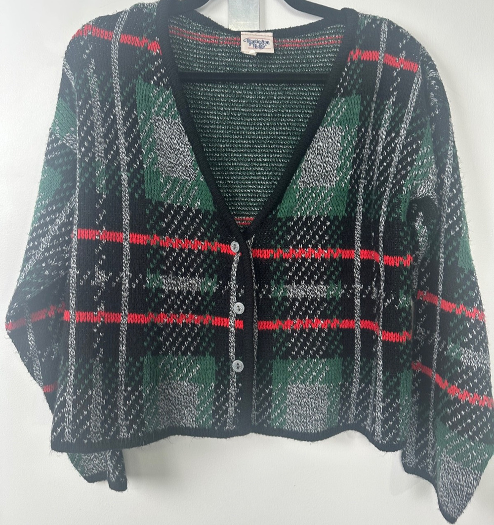 Vintage 90s Huntington Ridge L Cropped Plaid Sweater Women Cardigan Y2K A21